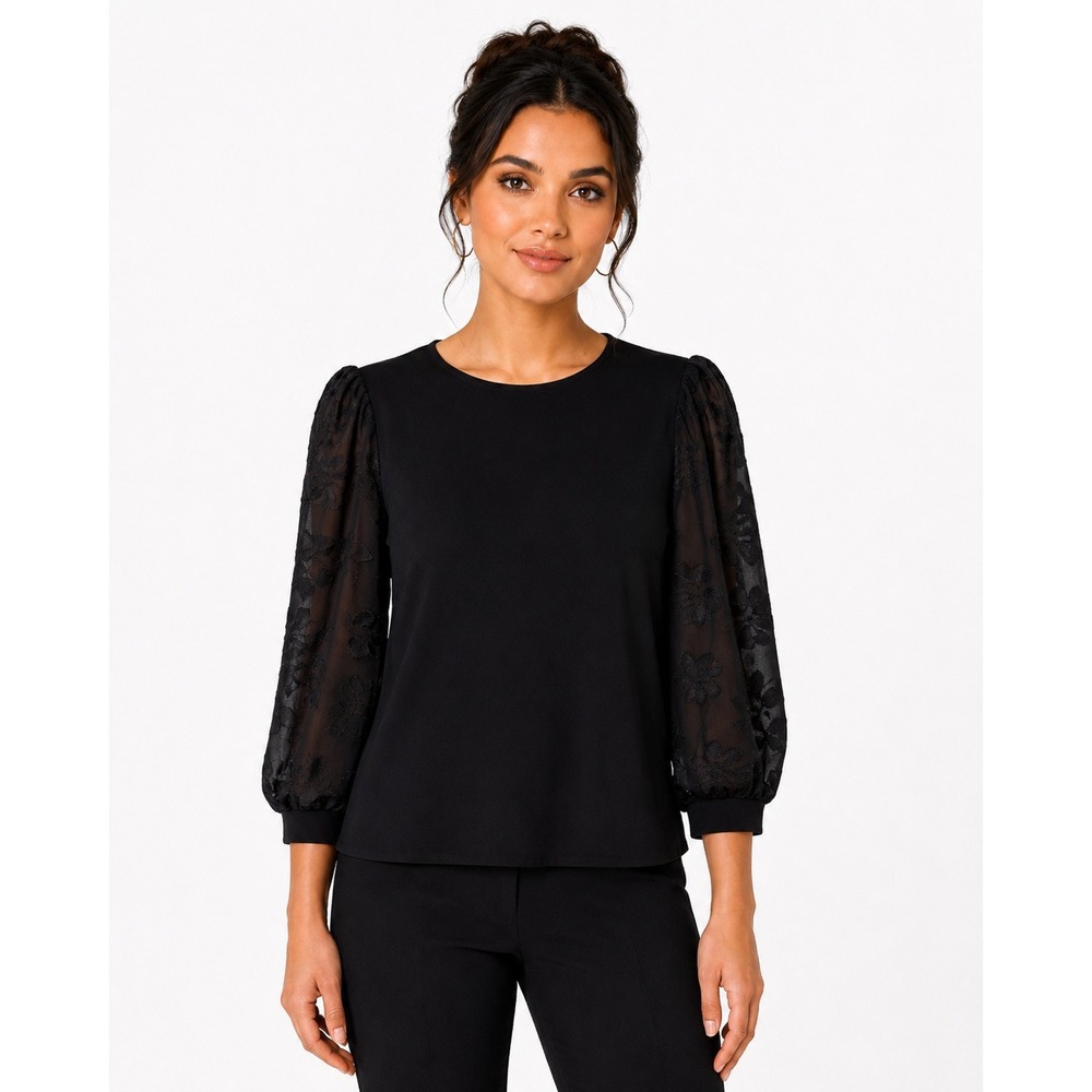 CeCe Voluminous Lace Sleeve Knit Top Black PS Petite Small New